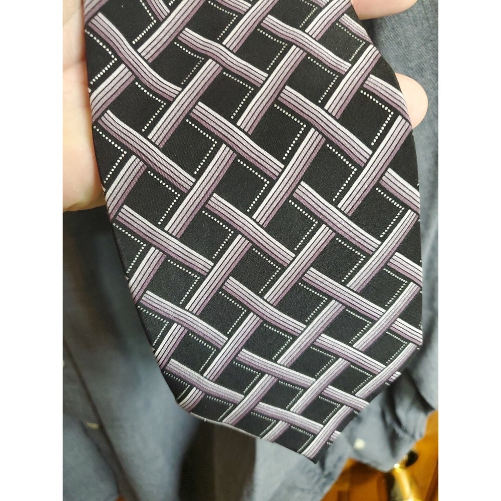 Valerio Garati OS Necktie Mens Black Lavender Geometric Lattice Pure Silk Tie